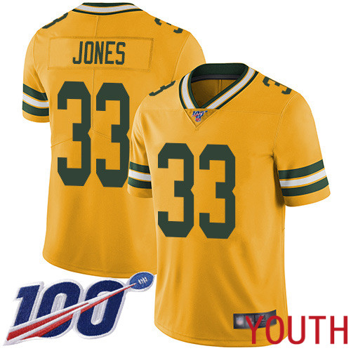 Green Bay Packers Limited Gold Youth #33 Jones Aaron Jersey Nike NFL 100th Season Rush Vapor Untouchable->youth nfl jersey->Youth Jersey